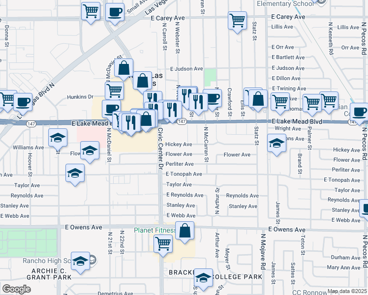 map of restaurants, bars, coffee shops, grocery stores, and more near 2537 Hickey Avenue in North Las Vegas