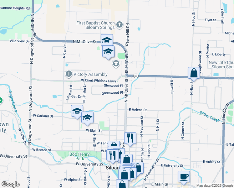map of restaurants, bars, coffee shops, grocery stores, and more near 202 Greenwood Place in Siloam Springs