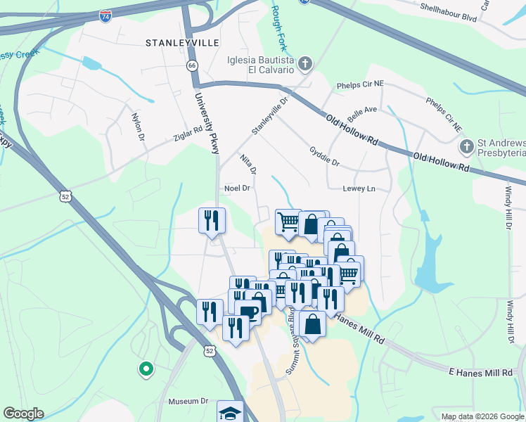 map of restaurants, bars, coffee shops, grocery stores, and more near 5335 Nita Drive in Winston-Salem