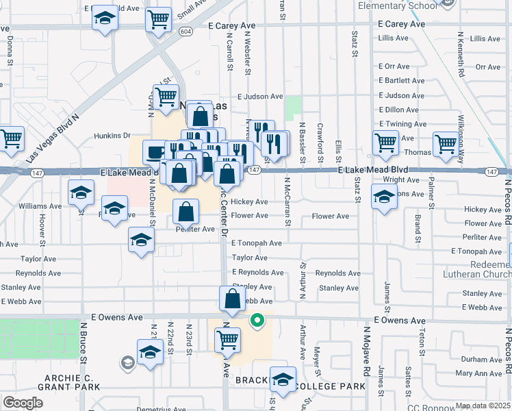 map of restaurants, bars, coffee shops, grocery stores, and more near 2537 Hickey Avenue in North Las Vegas