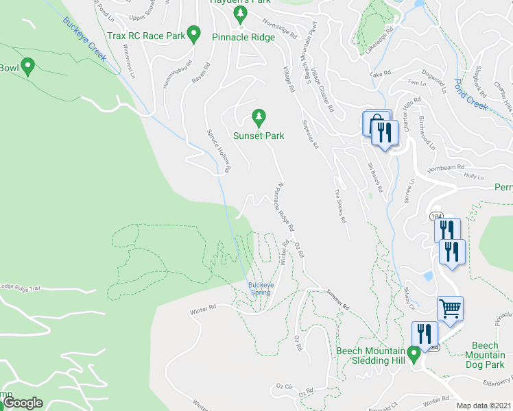 map of restaurants, bars, coffee shops, grocery stores, and more near Fox Crest Road in Beech Mountain