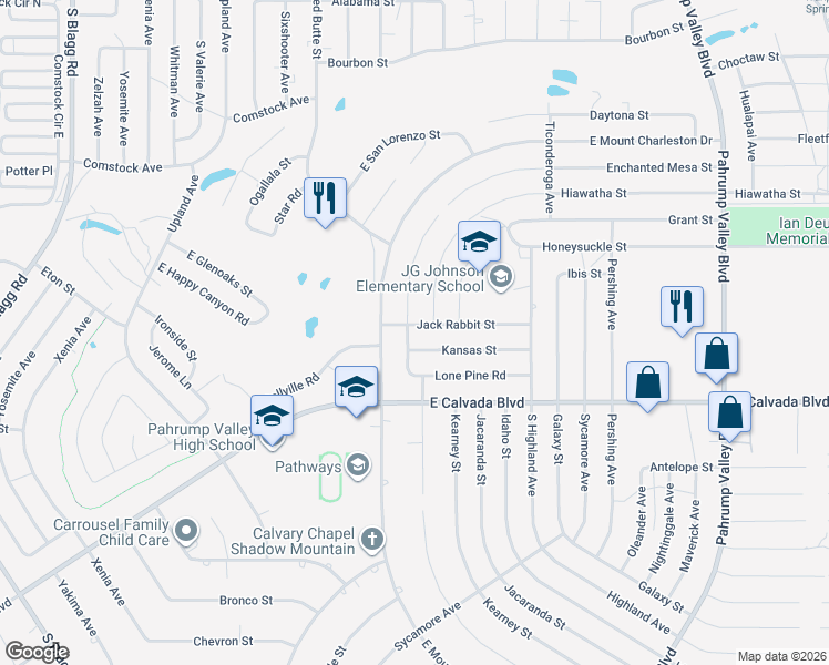 map of restaurants, bars, coffee shops, grocery stores, and more near 730 Kansas Street in Pahrump