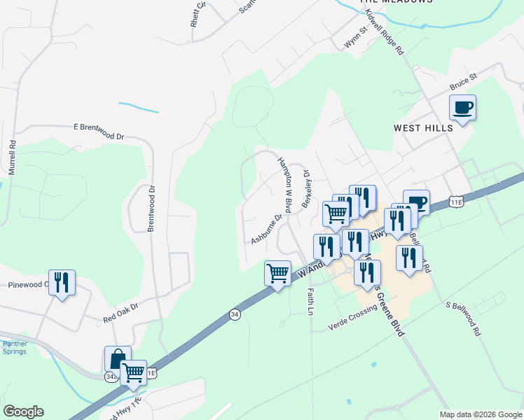 map of restaurants, bars, coffee shops, grocery stores, and more near 4516 Ashburne Drive in Morristown