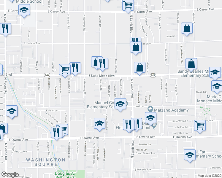 map of restaurants, bars, coffee shops, grocery stores, and more near 1884 Nebula Drive in Las Vegas