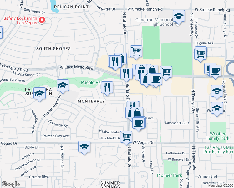 map of restaurants, bars, coffee shops, grocery stores, and more near 7628 Connemara Avenue in Las Vegas