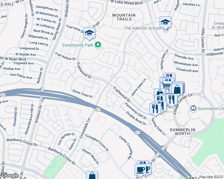 map of restaurants, bars, coffee shops, grocery stores, and more near 9901 Trailwood Drive in Las Vegas