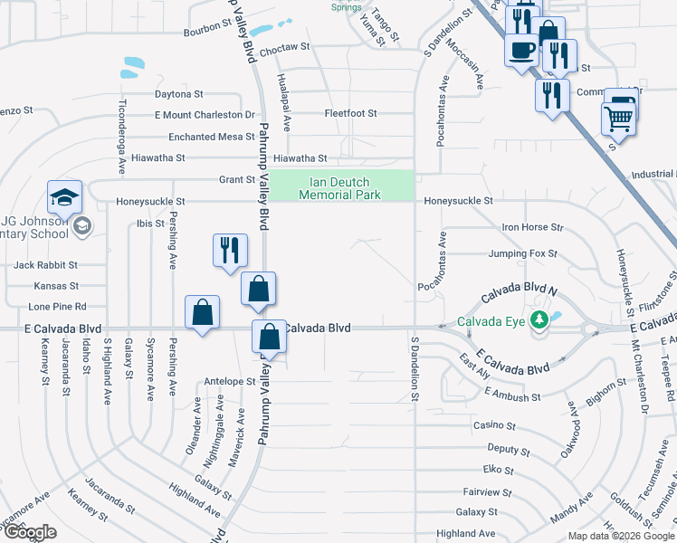 map of restaurants, bars, coffee shops, grocery stores, and more near 1560 East Calvada Boulevard in Pahrump