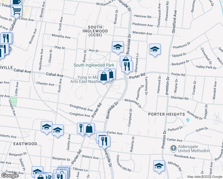 map of restaurants, bars, coffee shops, grocery stores, and more near 100 Mckennell Drive in Nashville