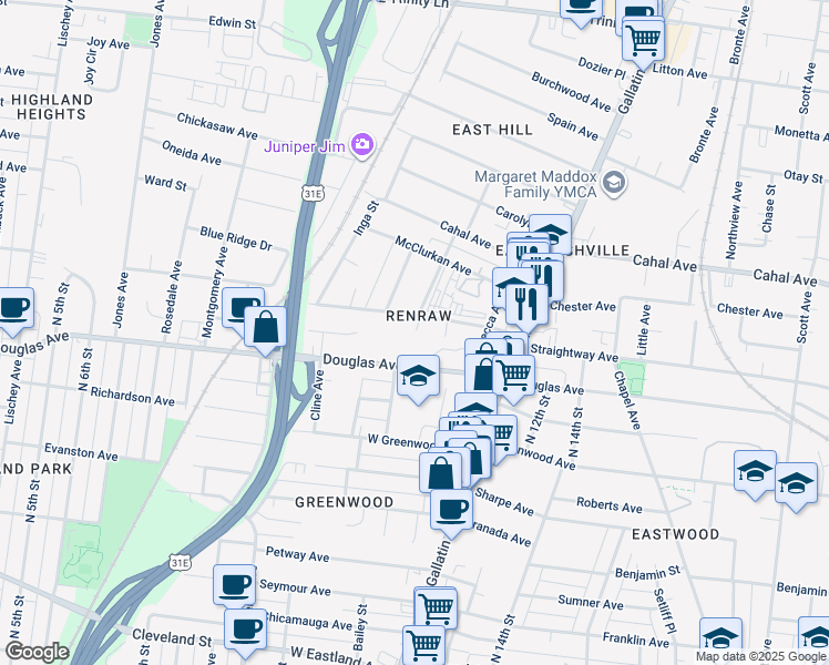 map of restaurants, bars, coffee shops, grocery stores, and more near 921 Douglas Avenue in Nashville