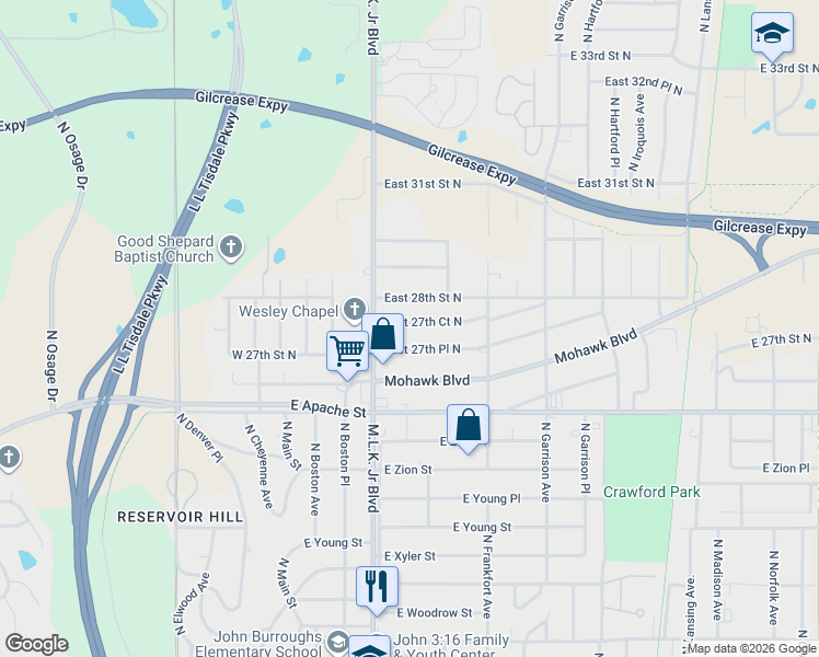 map of restaurants, bars, coffee shops, grocery stores, and more near 219 East 27th Place North in Tulsa