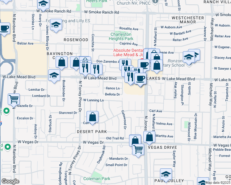 map of restaurants, bars, coffee shops, grocery stores, and more near 6220 Bellota Drive in Las Vegas