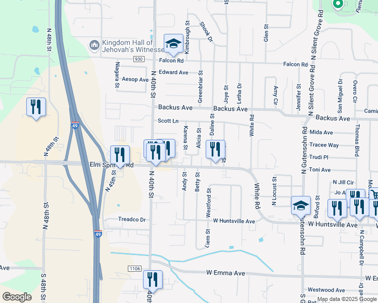 map of restaurants, bars, coffee shops, grocery stores, and more near 3732 Elm Springs Road in Springdale