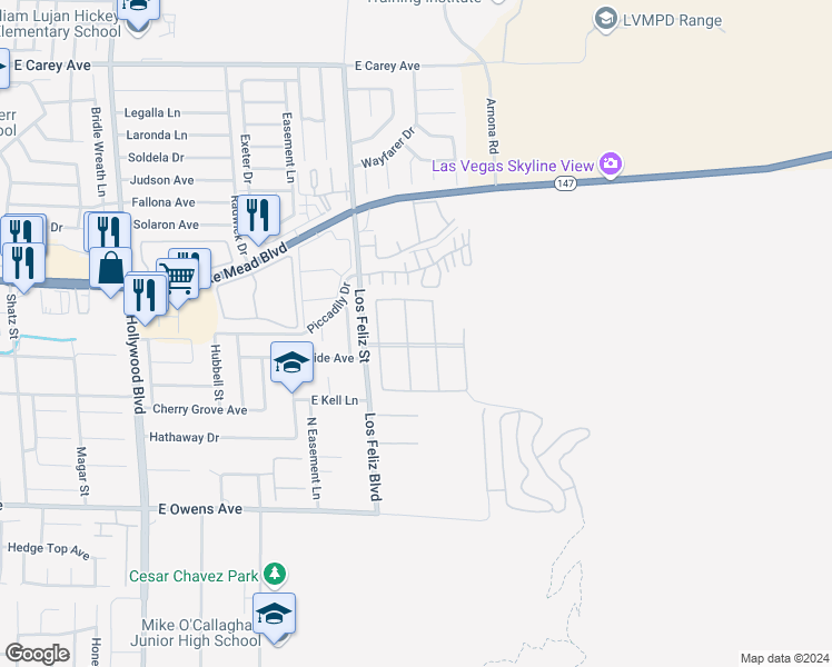 map of restaurants, bars, coffee shops, grocery stores, and more near 1920 Racine Drive in Las Vegas