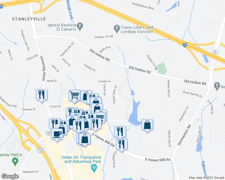 map of restaurants, bars, coffee shops, grocery stores, and more near 5560 Angel Oaks Drive in Winston-Salem