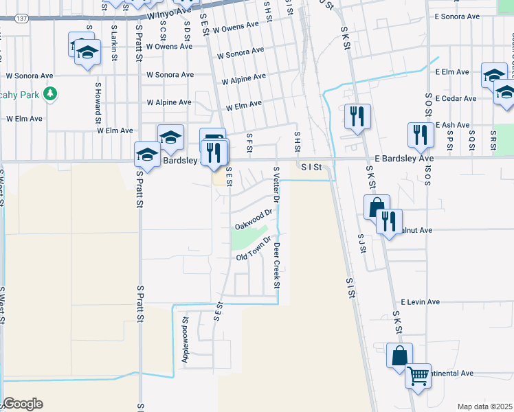 map of restaurants, bars, coffee shops, grocery stores, and more near 1183 South Vetter Drive in Tulare