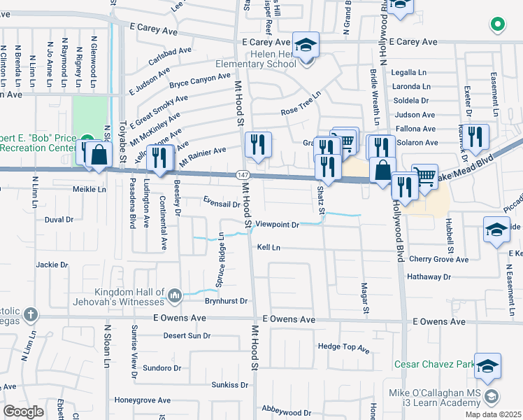 map of restaurants, bars, coffee shops, grocery stores, and more near 1905 Eskam Street in Las Vegas