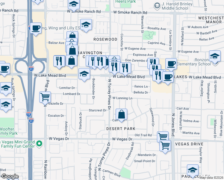 map of restaurants, bars, coffee shops, grocery stores, and more near 1900 North Torrey Pines Drive in Las Vegas