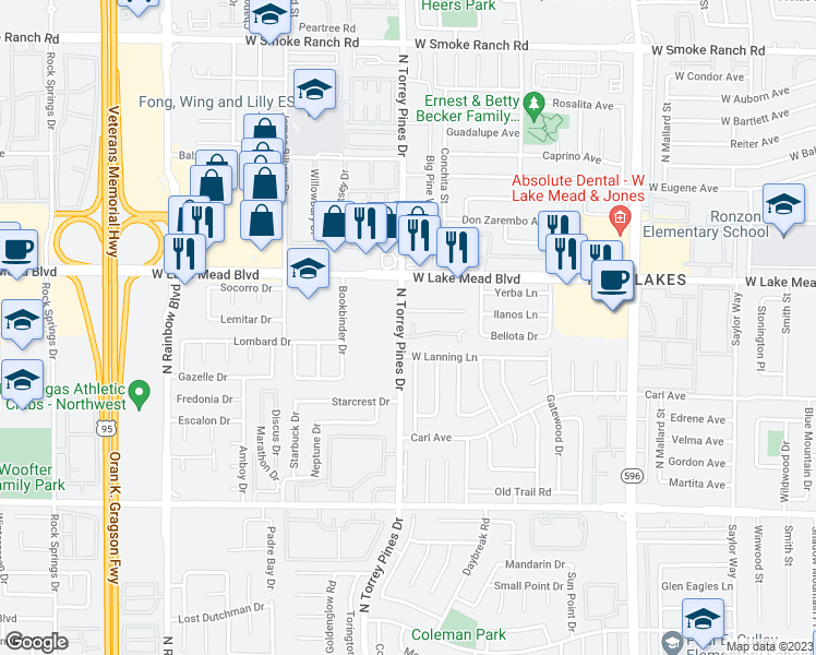 map of restaurants, bars, coffee shops, grocery stores, and more near 6340 West Lanning Lane in Las Vegas