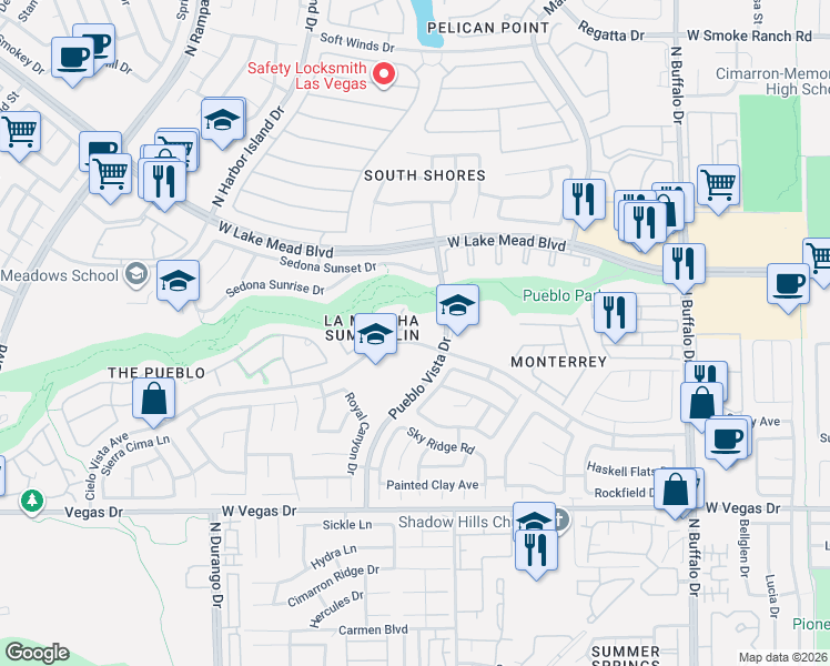 map of restaurants, bars, coffee shops, grocery stores, and more near 1811 Pueblo Vista Drive in Las Vegas