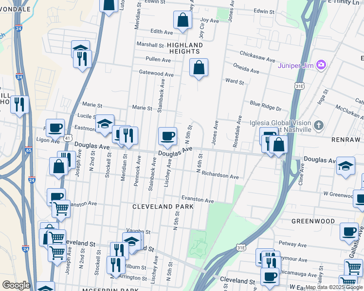 map of restaurants, bars, coffee shops, grocery stores, and more near 1217 North 5th Street in Nashville