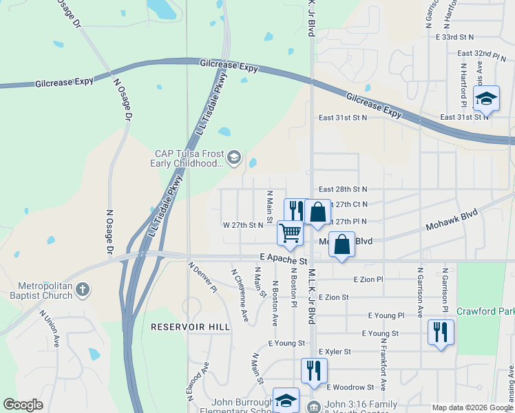 map of restaurants, bars, coffee shops, grocery stores, and more near 2707 North Boulder Avenue in Tulsa