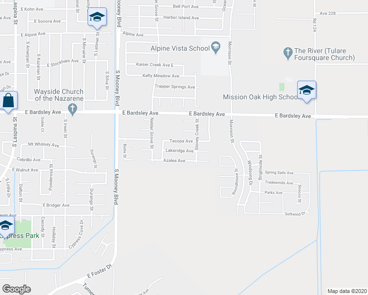 map of restaurants, bars, coffee shops, grocery stores, and more near 2724 Lakeridge Avenue in Tulare