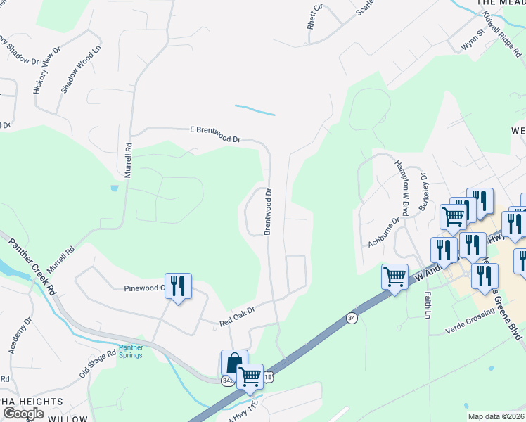 map of restaurants, bars, coffee shops, grocery stores, and more near 640 Brentwood Drive in Morristown