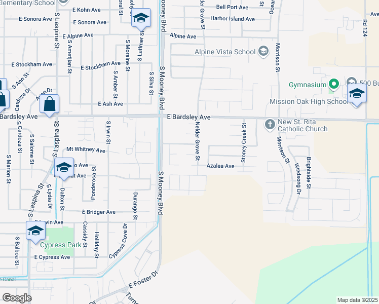 map of restaurants, bars, coffee shops, grocery stores, and more near 2384 Azalea Avenue in Tulare