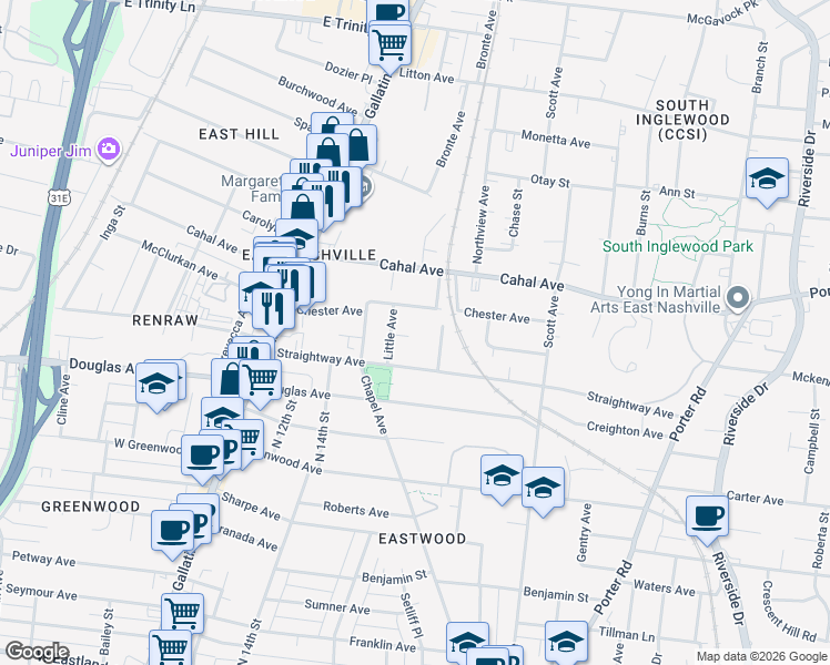 map of restaurants, bars, coffee shops, grocery stores, and more near 1521 Ward Avenue in Nashville