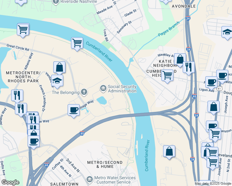 map of restaurants, bars, coffee shops, grocery stores, and more near 210 Cumberland Bend in Nashville