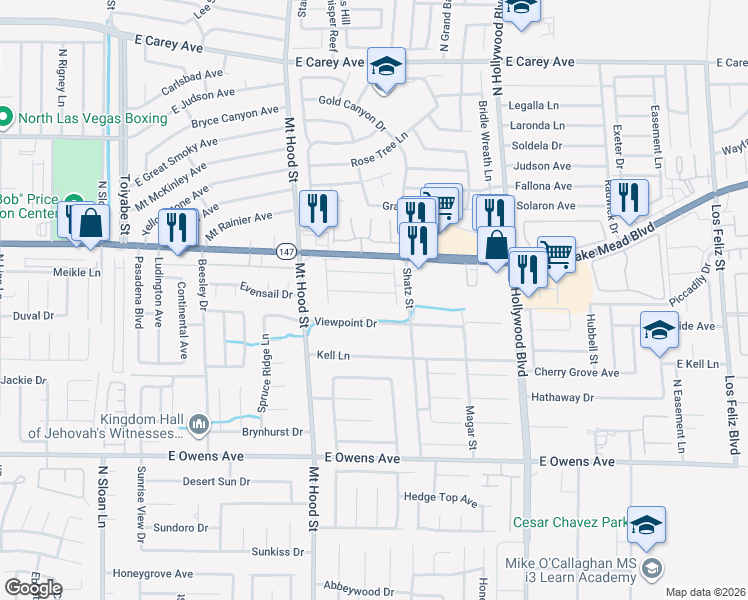 map of restaurants, bars, coffee shops, grocery stores, and more near 6435 Strongbow Drive in Las Vegas