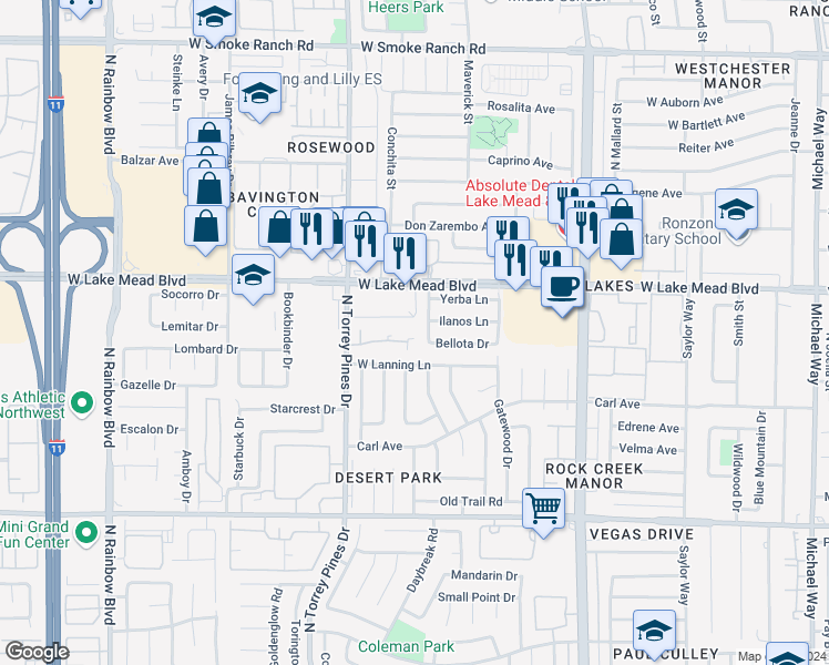 map of restaurants, bars, coffee shops, grocery stores, and more near 1900 North Torrey Pines Drive in Las Vegas