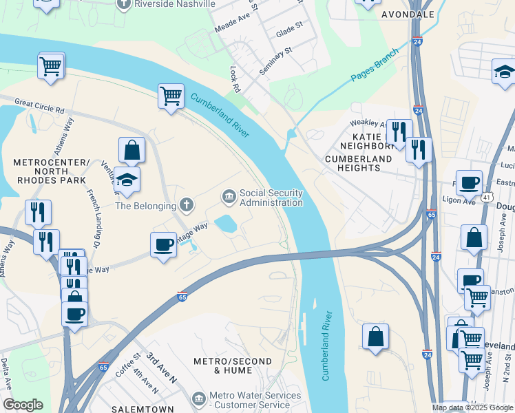 map of restaurants, bars, coffee shops, grocery stores, and more near 220 Cumberland Bend in Nashville