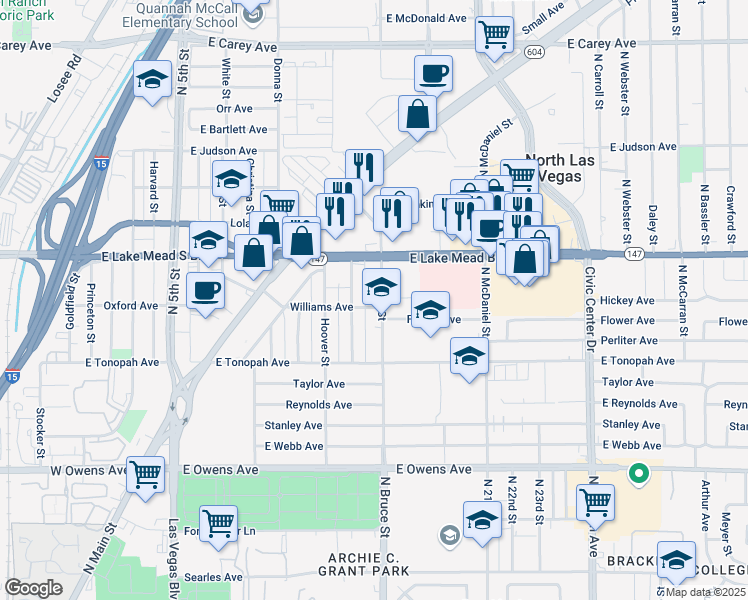 map of restaurants, bars, coffee shops, grocery stores, and more near 1925 North Bruce Street in North Las Vegas