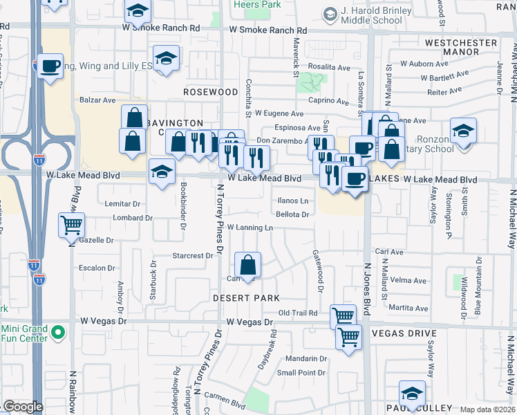 map of restaurants, bars, coffee shops, grocery stores, and more near 1900 North Torrey Pines Drive in Las Vegas