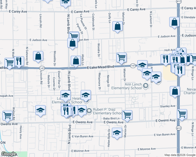 map of restaurants, bars, coffee shops, grocery stores, and more near 1933 Metamora Street in Las Vegas