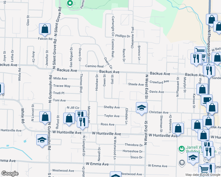 map of restaurants, bars, coffee shops, grocery stores, and more near 712 Gail Street in Springdale