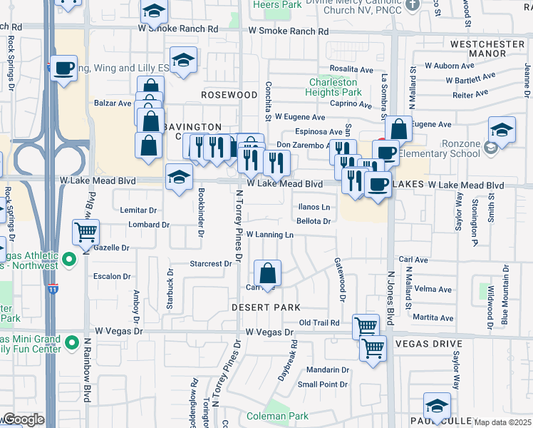 map of restaurants, bars, coffee shops, grocery stores, and more near 1900 North Torrey Pines Drive in Las Vegas