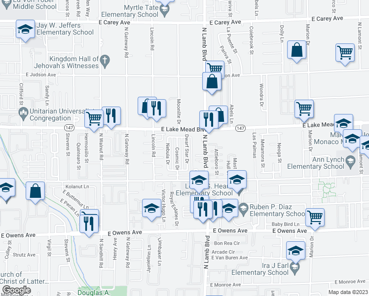 map of restaurants, bars, coffee shops, grocery stores, and more near 1984 Dwarf Star Drive in Las Vegas