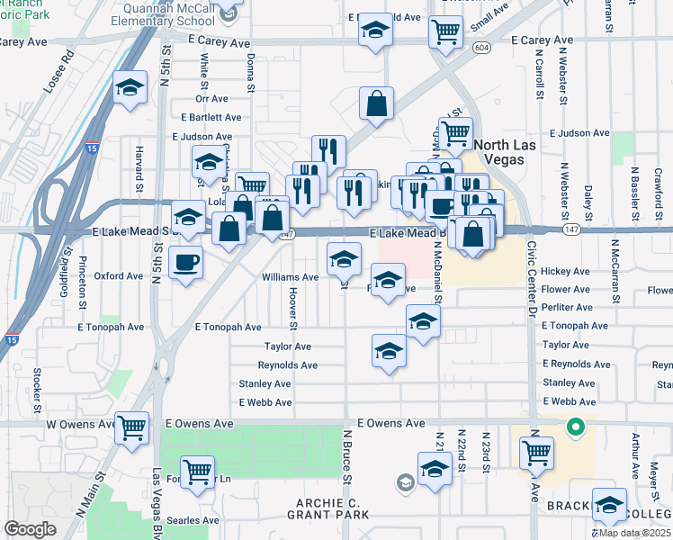 map of restaurants, bars, coffee shops, grocery stores, and more near 1925 North Bruce Street in North Las Vegas