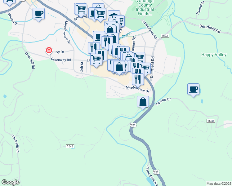 map of restaurants, bars, coffee shops, grocery stores, and more near 321 Madison Avenue in Boone