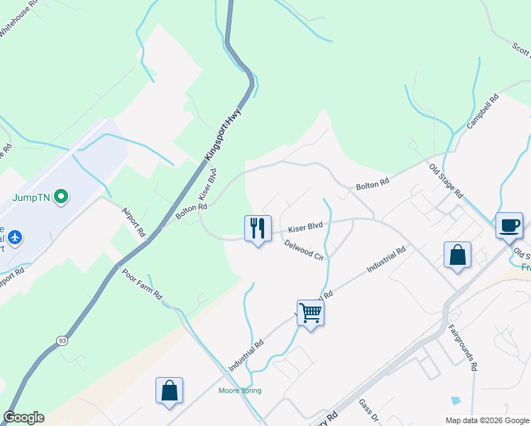map of restaurants, bars, coffee shops, grocery stores, and more near 164 Camelot Park in Greeneville