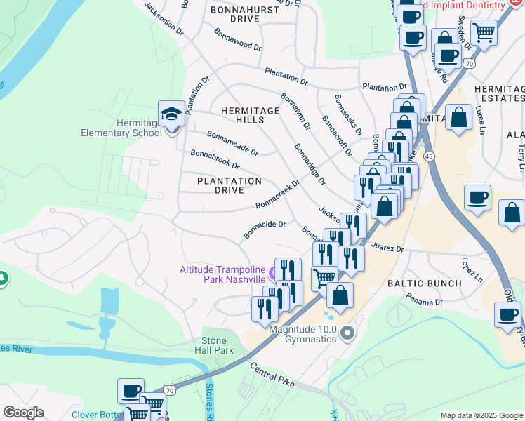 map of restaurants, bars, coffee shops, grocery stores, and more near 3844 Bonnacreek Drive in Nashville