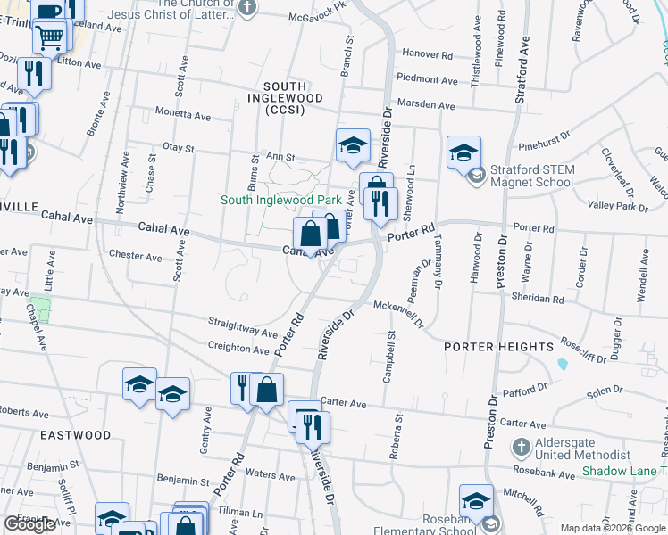 map of restaurants, bars, coffee shops, grocery stores, and more near 201 Porter Village Circle in Nashville
