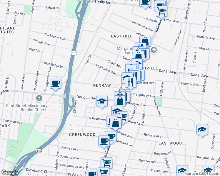 map of restaurants, bars, coffee shops, grocery stores, and more near 1008 McClurkin Avenue in Nashville