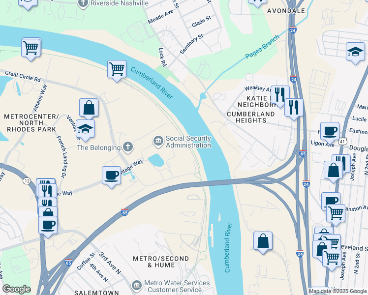 map of restaurants, bars, coffee shops, grocery stores, and more near Cumberland River Greenway in Nashville