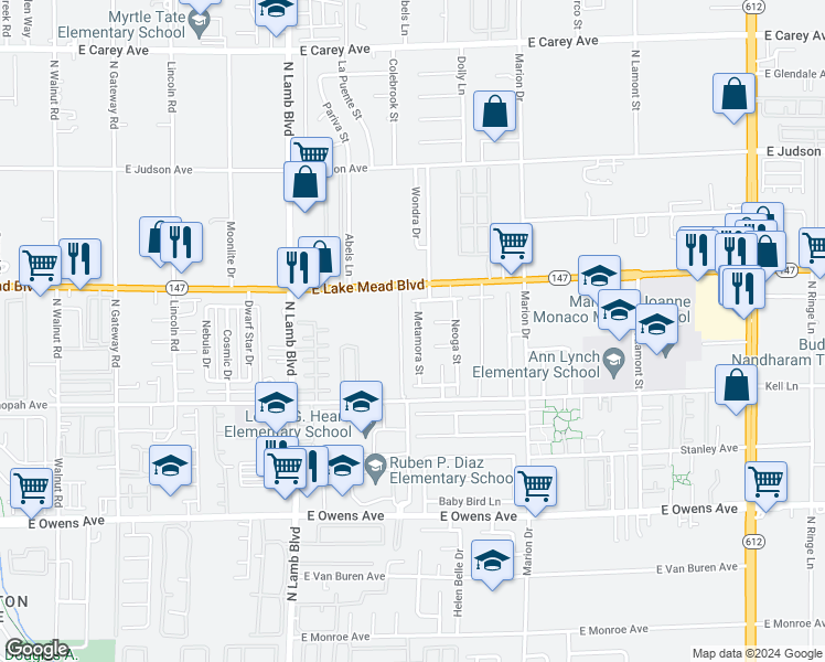 map of restaurants, bars, coffee shops, grocery stores, and more near 1933 Metamora Street in Las Vegas