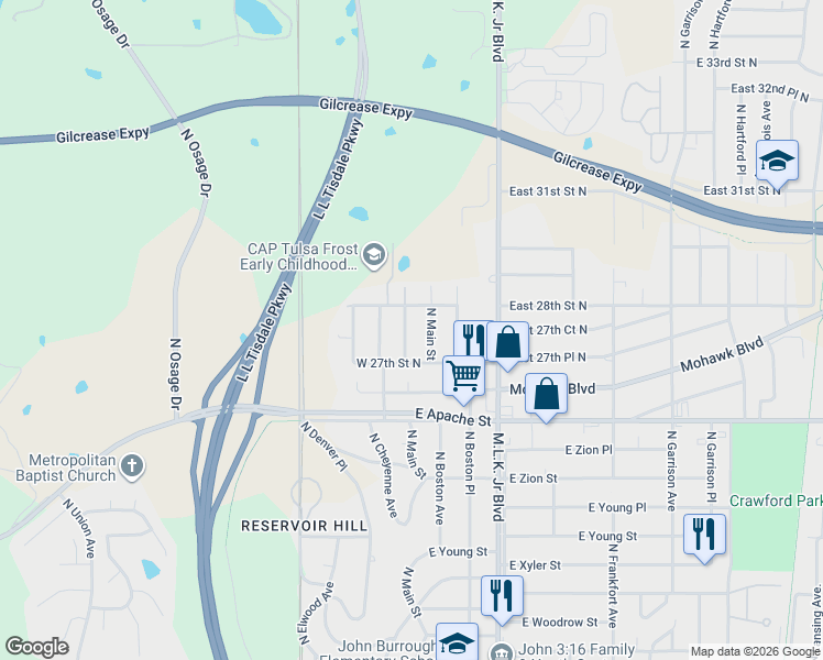 map of restaurants, bars, coffee shops, grocery stores, and more near 2745 North Boulder Avenue in Tulsa