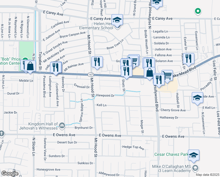 map of restaurants, bars, coffee shops, grocery stores, and more near 6417 Strongbow Drive in Las Vegas