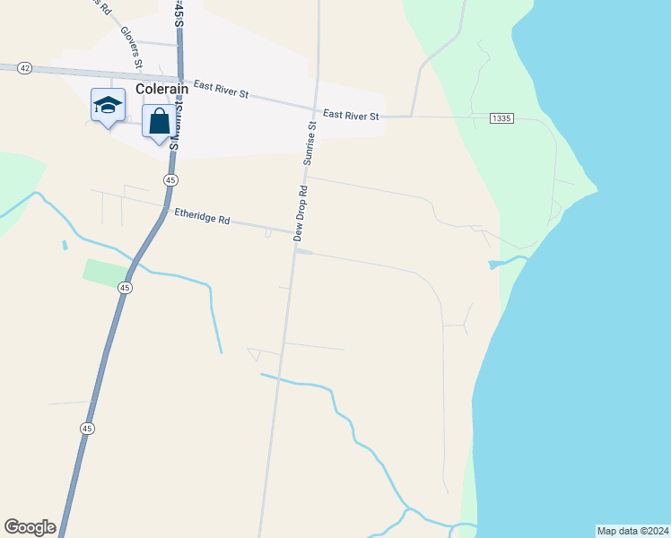 map of restaurants, bars, coffee shops, grocery stores, and more near 112 Chowan Shores Drive in Colerain